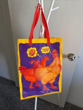 Trader Joe's Purple & Yellow Reusable Tote Bag with Red Handles